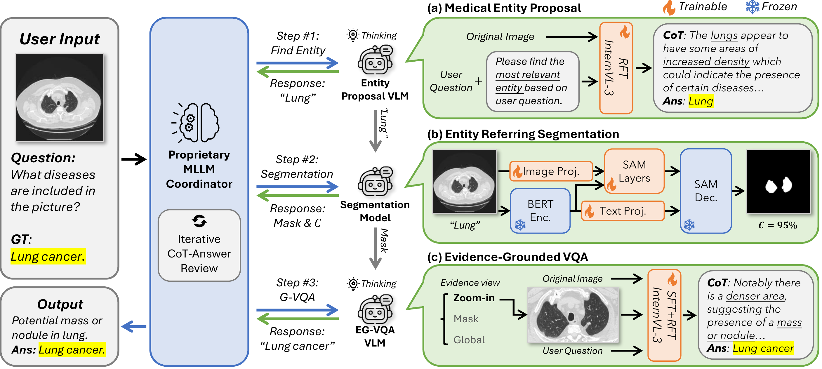 CARE method overview: the framework comprises a VLM coordinator and a set of task-specific expert models including entity proposal VLM, referring segmentation model, and evidence-grounded VQA VLM.