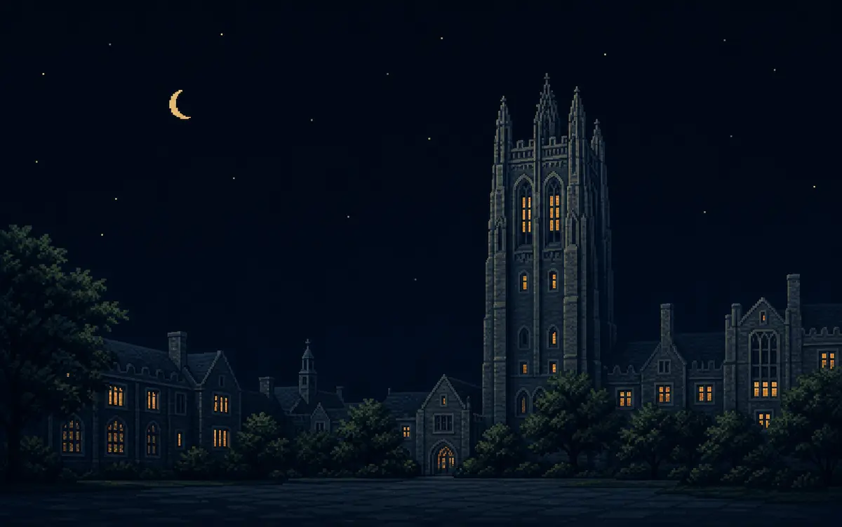 Pixel-art night view of Yale's neo-Gothic campus